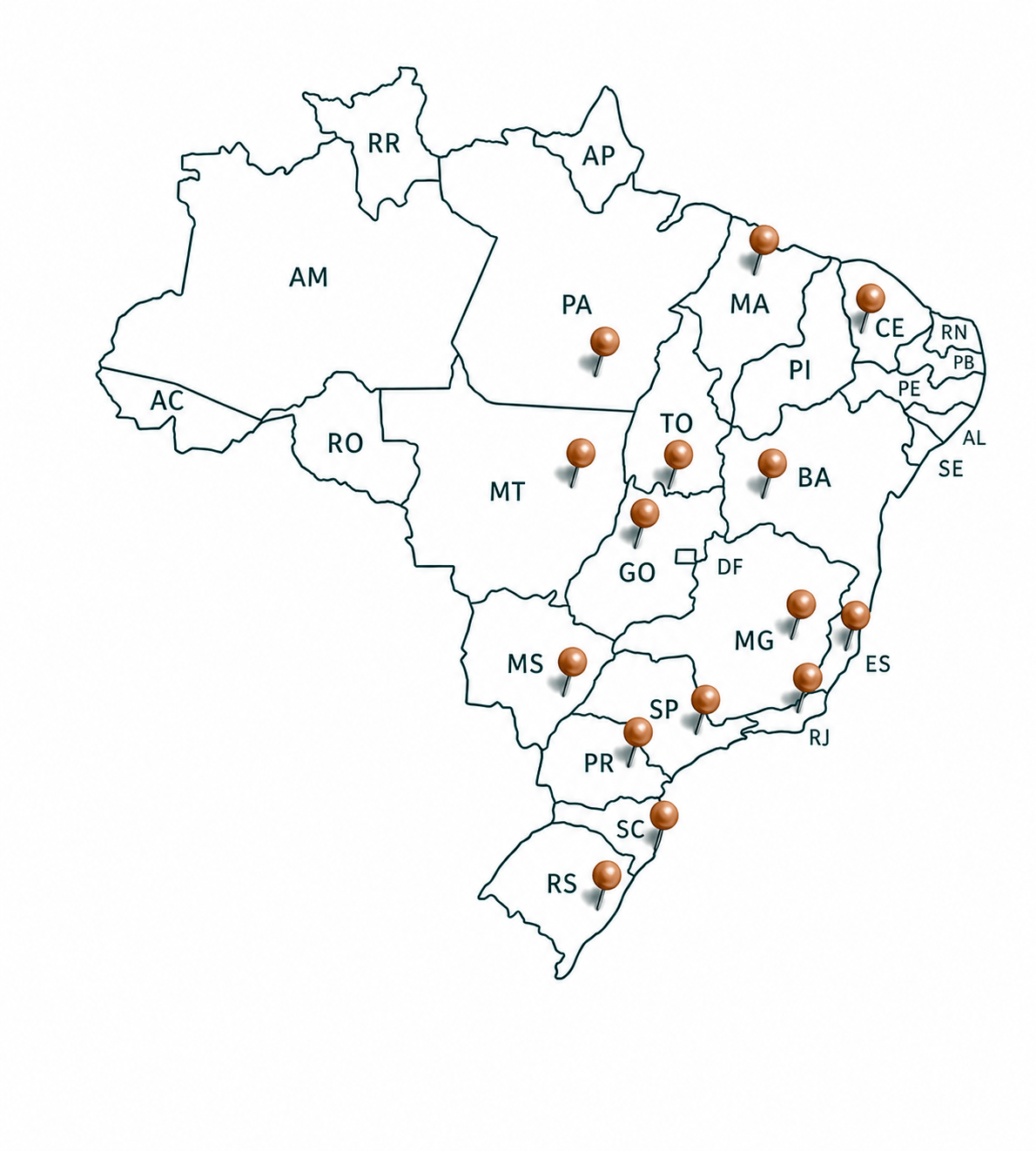 Mapa do Brasil com estados onde a RJ Engenharia já desenvolveu projetos